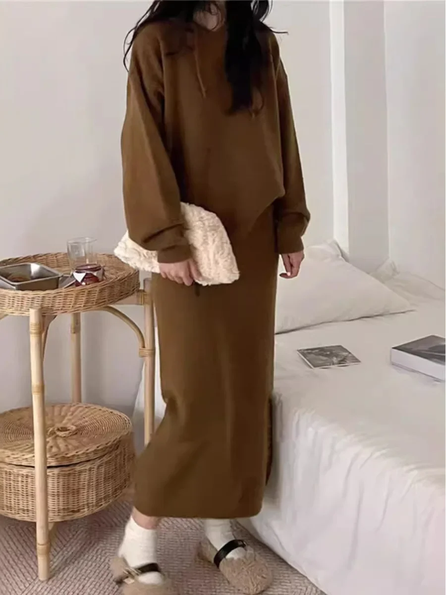 Jupe ample bureau dame Pull décontracté Pull Femme 2025 coréen Pull décontracté femmes ensemble à capuche solide deux pièces haut tricoté