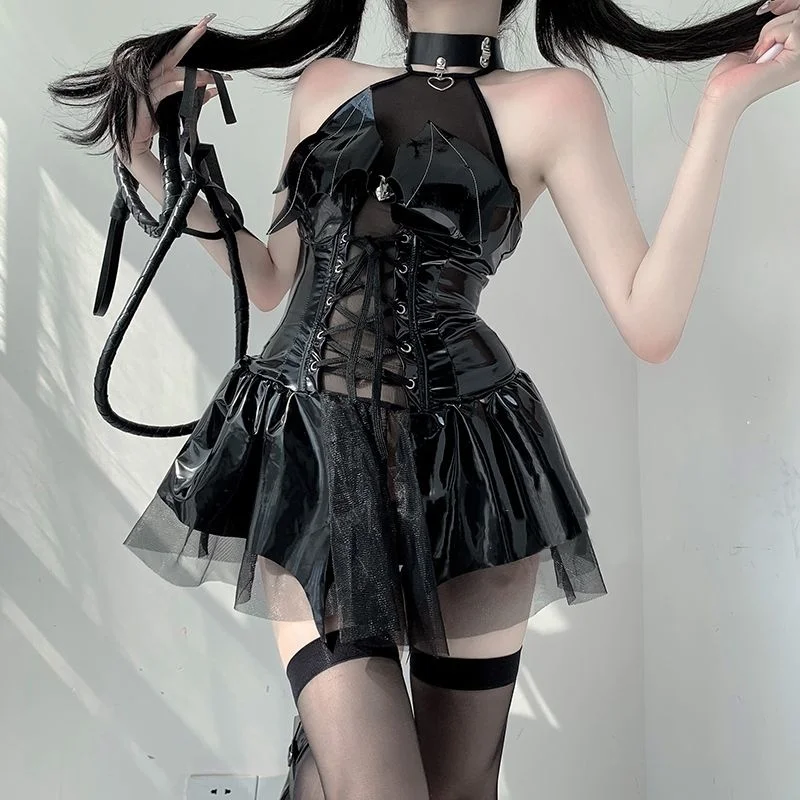 Little Devil leather skirt sexy shiny PU neck strap short skirt suit jk uniform COS anime women's dress