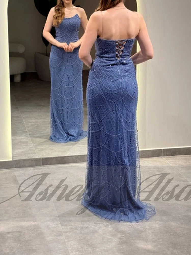 A2513 Elegancka Granatowa Suknia Wieczorowa Damska z Perłami Syrena Długa Do Podłogi na Wesele, Imprezę, Bal, Okazję, Szyta na Miarę