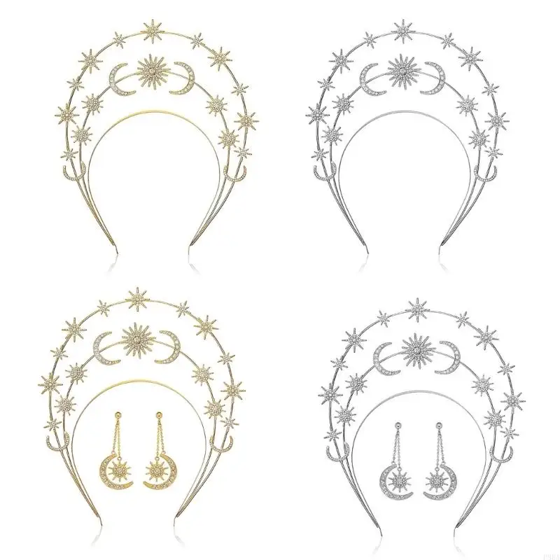 

P88A Sun Headband for Women Vintage VirginMary Star Hairband/Earrings Party Props Bridal Wedding Headpieces