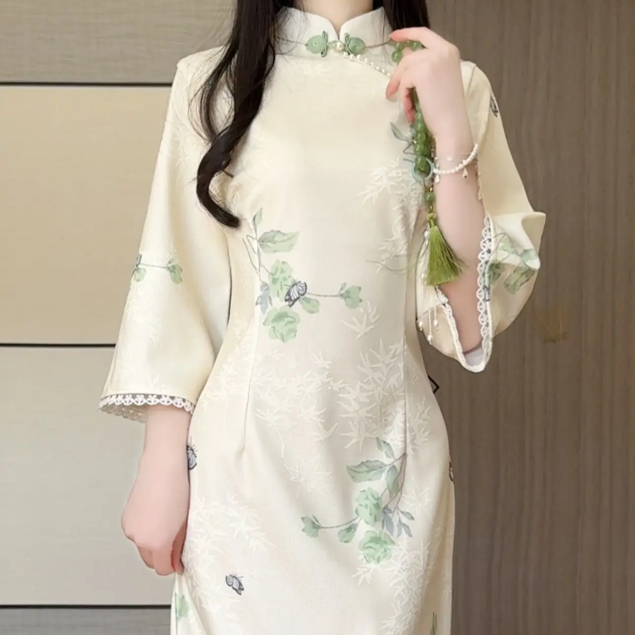 Primavera Chesongam Vintage Colletto alla coreana Stampa Qipao Donna Abiti eleganti Abiti di media lunghezza in stile cinese Costume Qipao