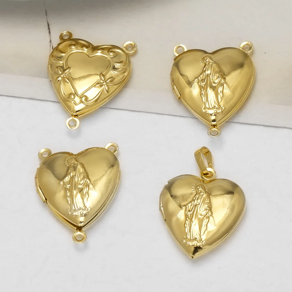 OCESRIO Heart Locket Pendant Copper Gold Plated Virgin Mary Openable Photo Box Charms for DIY Jewelry Making Crafts pdtb996