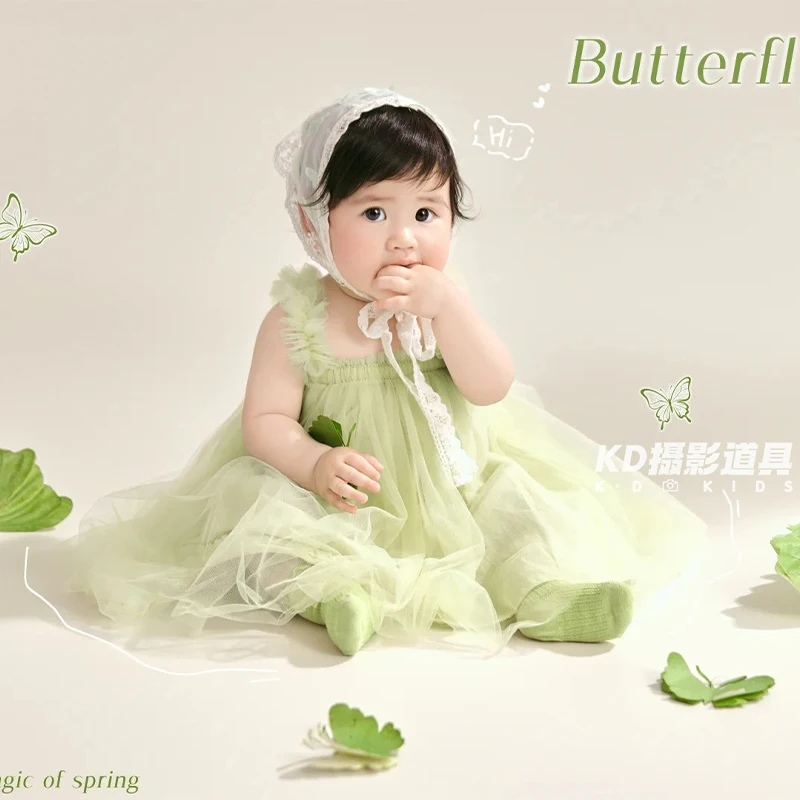 Green Tulle Baby Photography Outfit Baby Girl Forest Fairy Dress with Lace Headband Infant Photo Shoot Costume for 9-15 Months