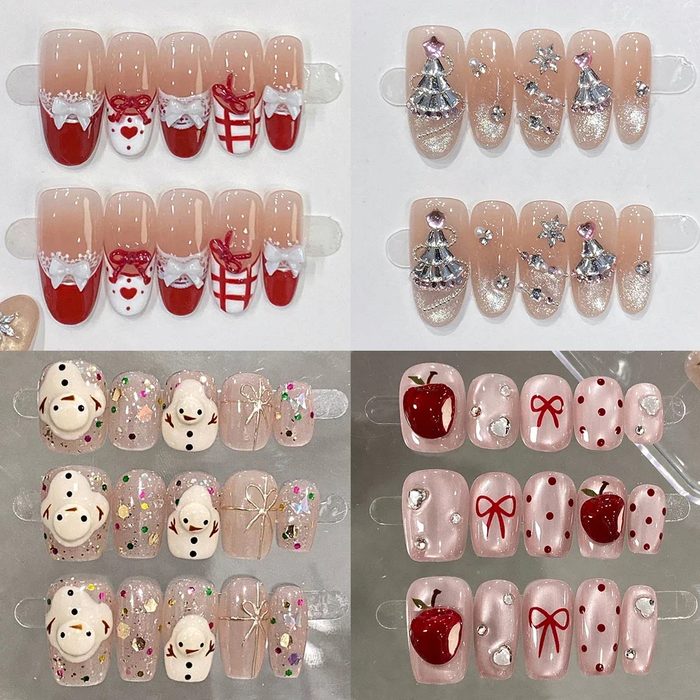 

Kawaii Christmas Handmade Short Square Ellipse Wearable Full Cover Nails Bowknot Diamond Cat Eyes Snowman Apple Press On Nails