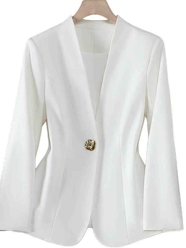White No Collar Women's Suit Jacket Commute Professional OL Waist-Cinching Style Early Autumn New Arrival Elegant Business Wear