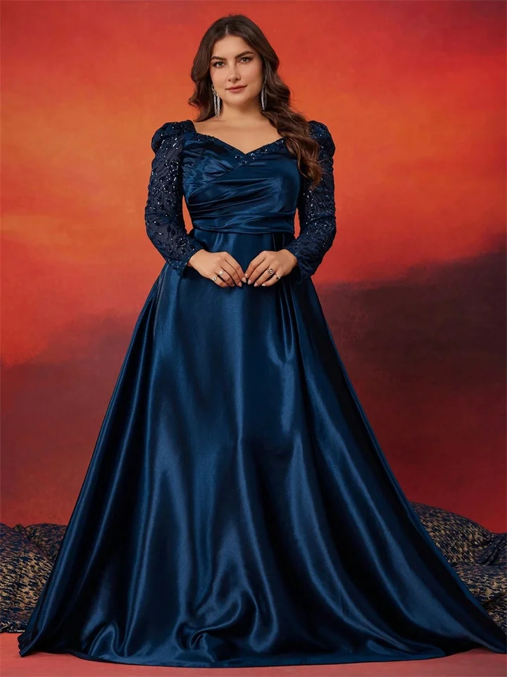 BLUEPLUM Plus Size Elegan V-neck Satin Blue Evening Dress Women luxury Long  sleeve Sequin Party Prom Floor Lenght Cocktail Dress - AliExpress 320
