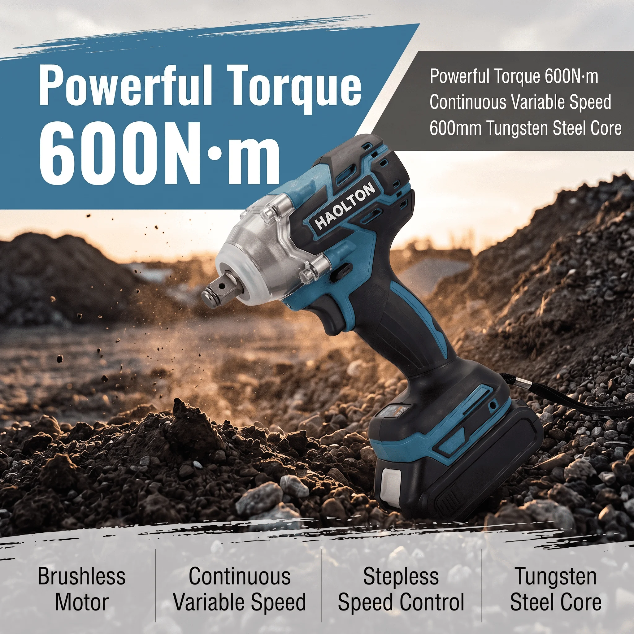 HAOLTON Brushless Electric Impact Wrench Cordless 320N.M Torque 1/2' Wrench Power Tools Compatible MAKITA 18V Battery