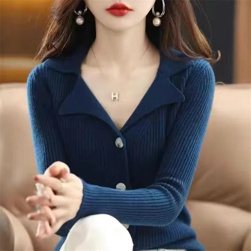 Knitted Wool Cardigan For Women Autumn Winter Buttons Knitwears New Slim Fitting Solid Color Long Sleeved Lapel Sweater Coat