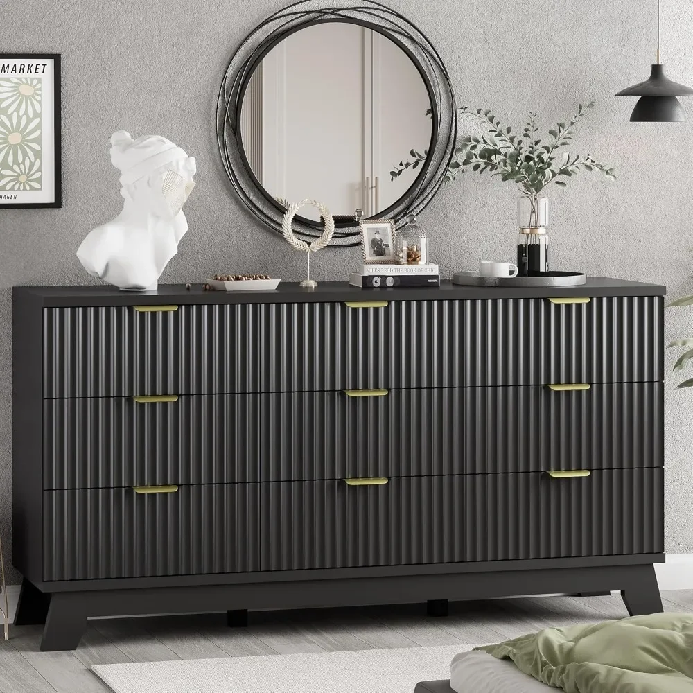 

Fluted Dresser for Bedroom with 9 Drawers,57" Wide Modern Chest of Drawers,Wooden Dresser, Wood Closet Clothes Storage Organizer