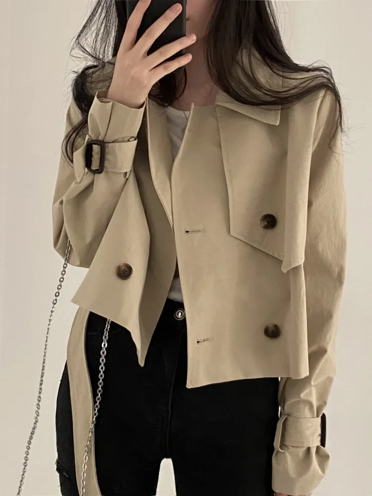 2colors 2023 Korean Women Autumn Trench Coats Short Jacket Casual Female Lace Up Coat Tops womens (hf1903)