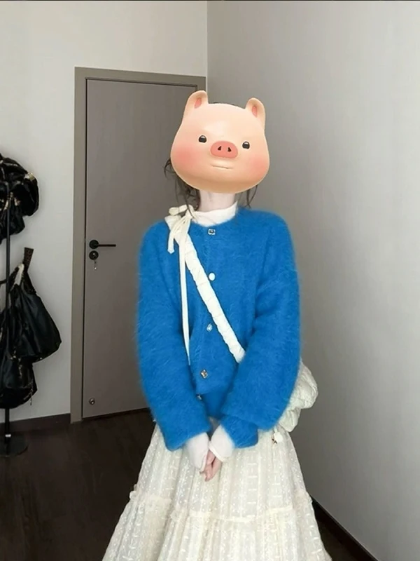 

Blue round Ne Camere Knitted Open Cardigan Women's Loose Sle Autumn Winter Lazy Faion Polyester Fiber Long Sve Coat