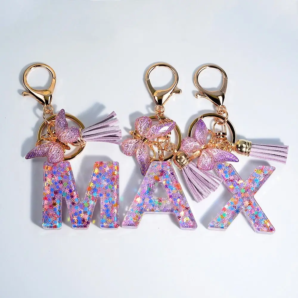 A To Z 26 Initials Alphabet Keychain Snowflakes Filled Letter Keyrings Purple Butterfly Ornaments Tassel Pendant Car Key Chain