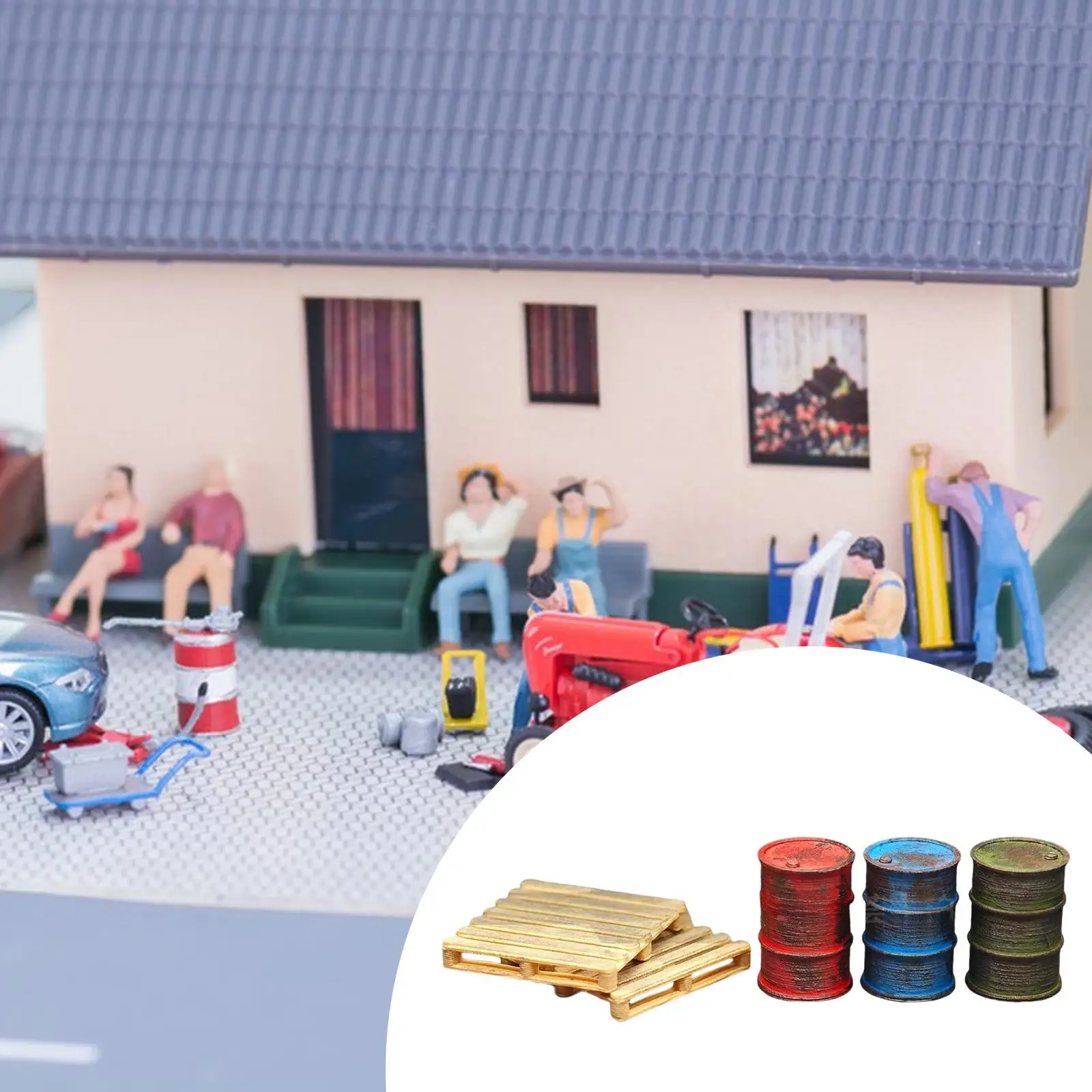 3 Pieces Oil Barrel Model 1:64 Scale with 2 Trays Classic Decorative Crafts Artwork Miniature Sculpture for Garage Workshop