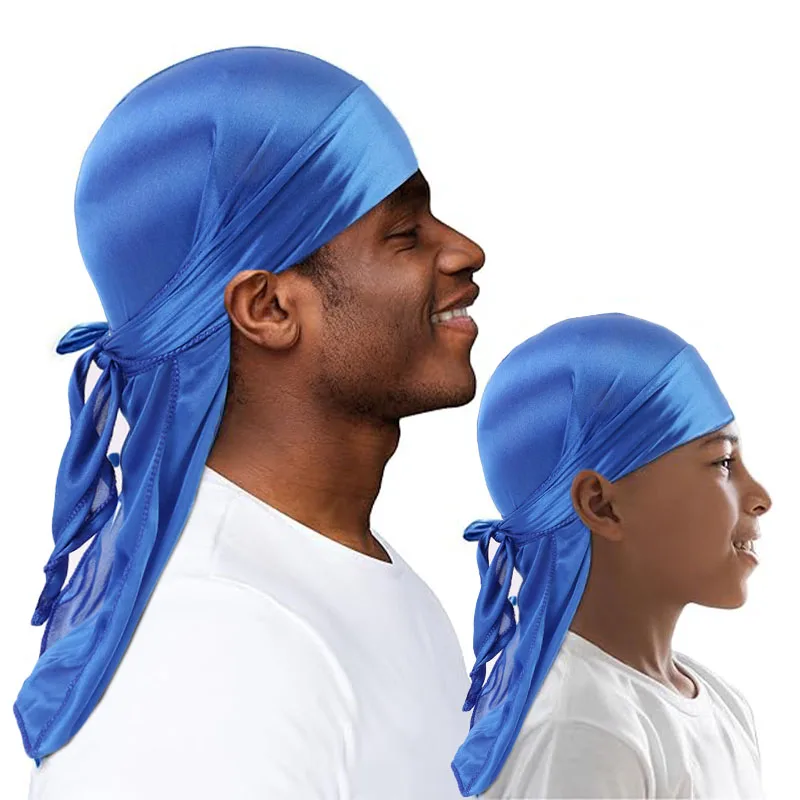 2PCS/LOT Parent-child Pirate Hat Cap Hair Bands Silky Durag Long Tail Hat Headwear For Women Man Ribbon Turban Outdoor Wear