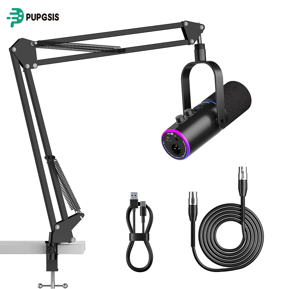 

Комплект игрового микрофона XLR/USB: динамический микрофон для ПК для стриминга и подкастинга, кнопка отключения звука, эффекты реверберации, RGB-микрофон для компьютера с кронштейном
