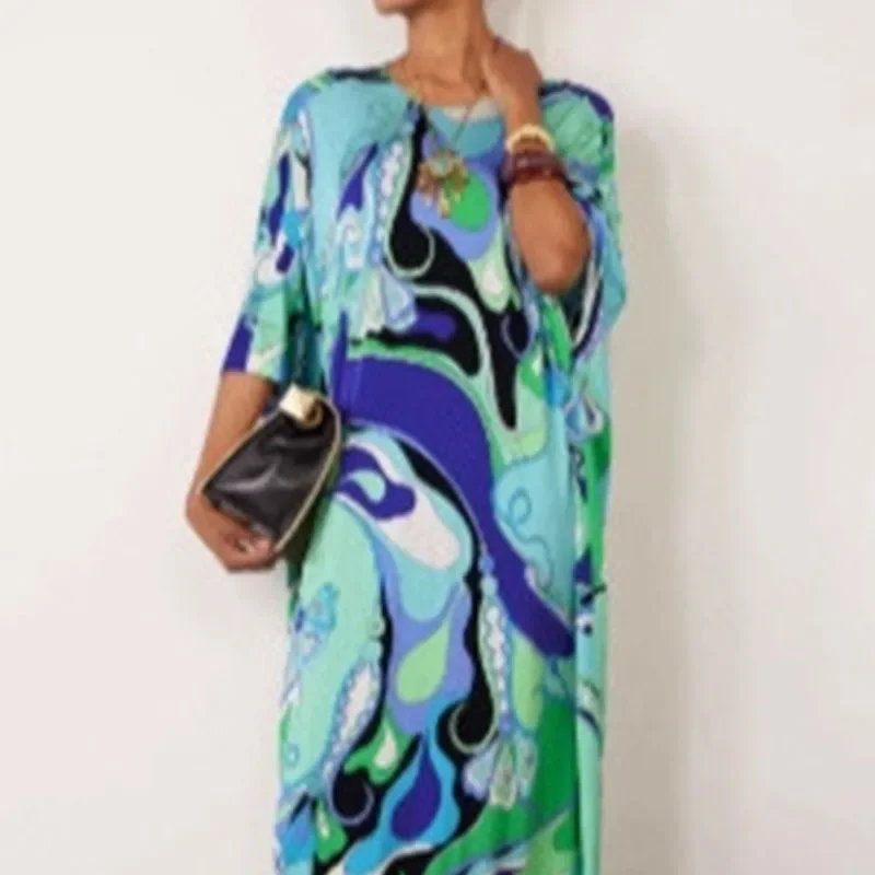 العرقية الرجعية نمط طباعة فضفاض ماكسي فساتين امرأة 2025 الربيع طاقم الرقبة طويلة البلوز فستان الخريف 3/4 كم فام بوهو فستان