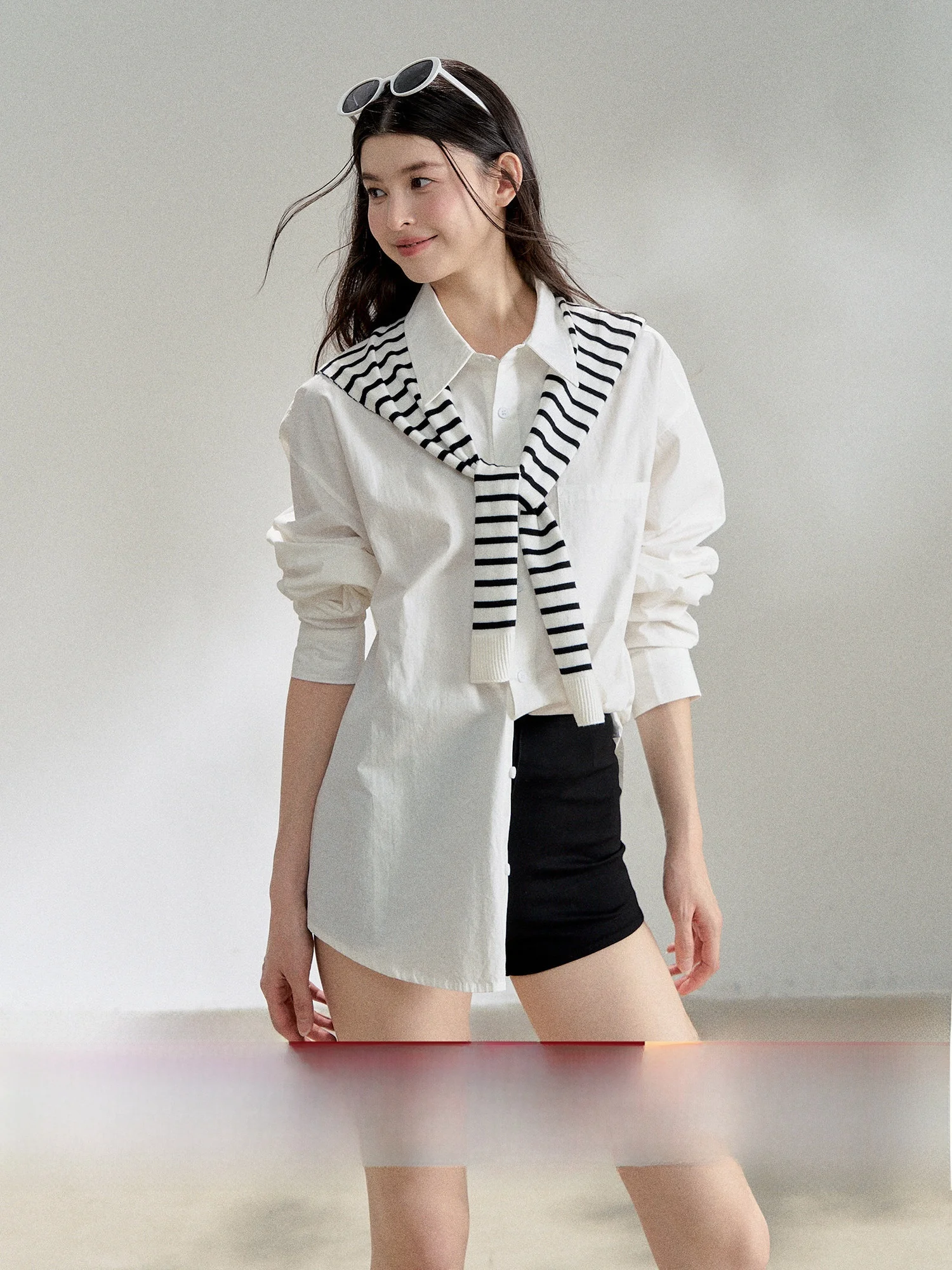 

RECOIN RC Oversize Boyfriend Sle White Striped irt Loose Cotton Casual Top And Bot Two-Piece Set for Early Autumn