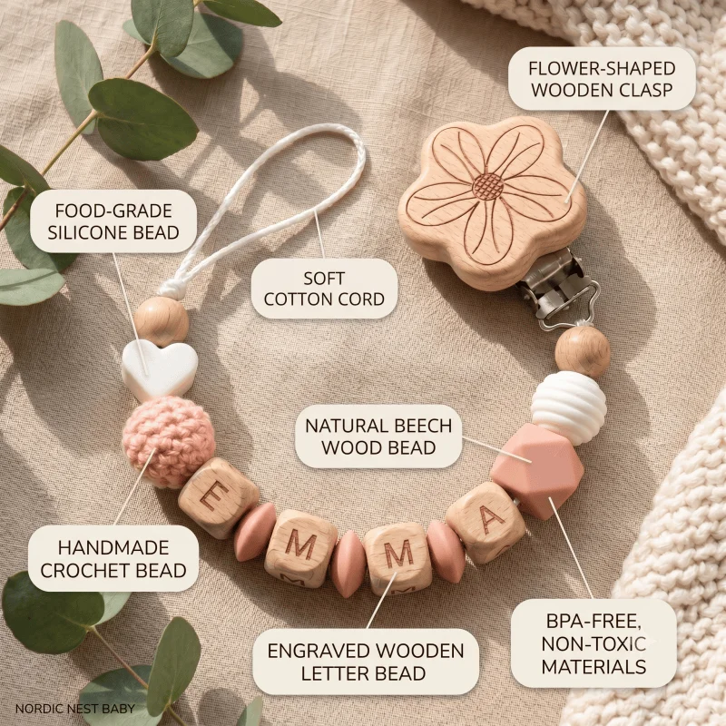 2026 Personalized Baby Pacifier Clip Custom Name Wooden Dummy Chain Silicone Teether Holder BPA Free Baby Shower Gift view 6