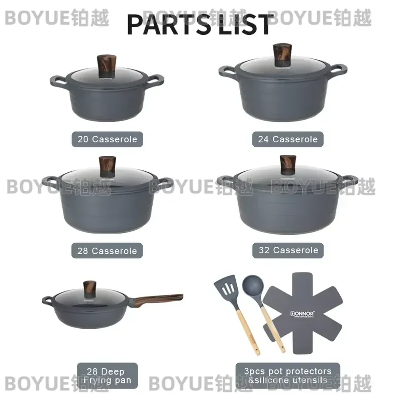 15 Piece Nonstick Cookware Set Granite Coating Wave Design Pots Pans Kitchen Cooking Utensils Smokeless Casserole Bakeware