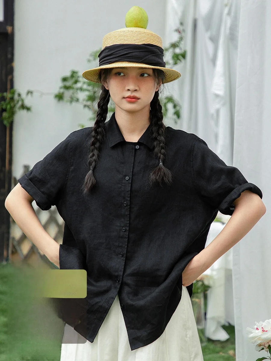 

Black Linen Shirt Women's Summer Thin Casual Loose Top Short Sleeve Turn-down Collar Blouse Original Stitching Design