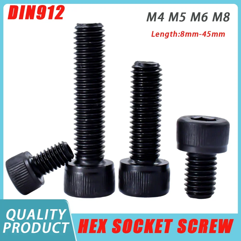 

10-100 шт. DIN912 Винт с шестигранной головкой M4 M5 M6 M8 Черный Grade12.9 Винты с шестигранной головкой из углеродистой стали Длина 8 мм-45 мм