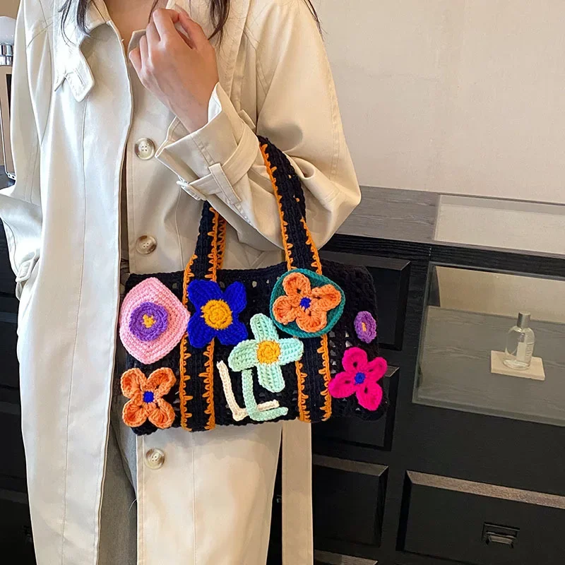 Handmade Crochet Shoulder Bag Flower Appliques Tote Knitting Wool Women Handbag Hollow Woven Bags for Women Cute Shopper Purses