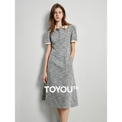 TOYOUTH Women Pleated Midi Dress 2024 Summer New Slim Fit Polo Collar Puff Sleeve Knee Length High Waist A Line Sexy Dress