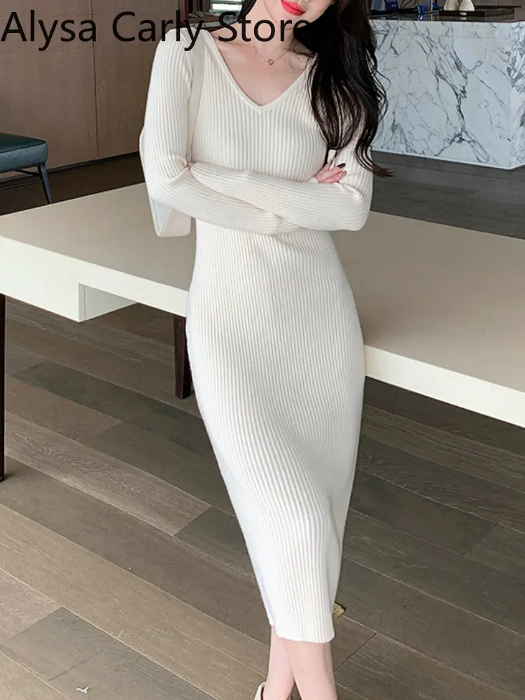 

Casual Knitting One Piece Dress Korean Women 2022 Autumn V-neck Elegant Midi Bodycon Dress Female Slim Long Sleeve Party Dresses