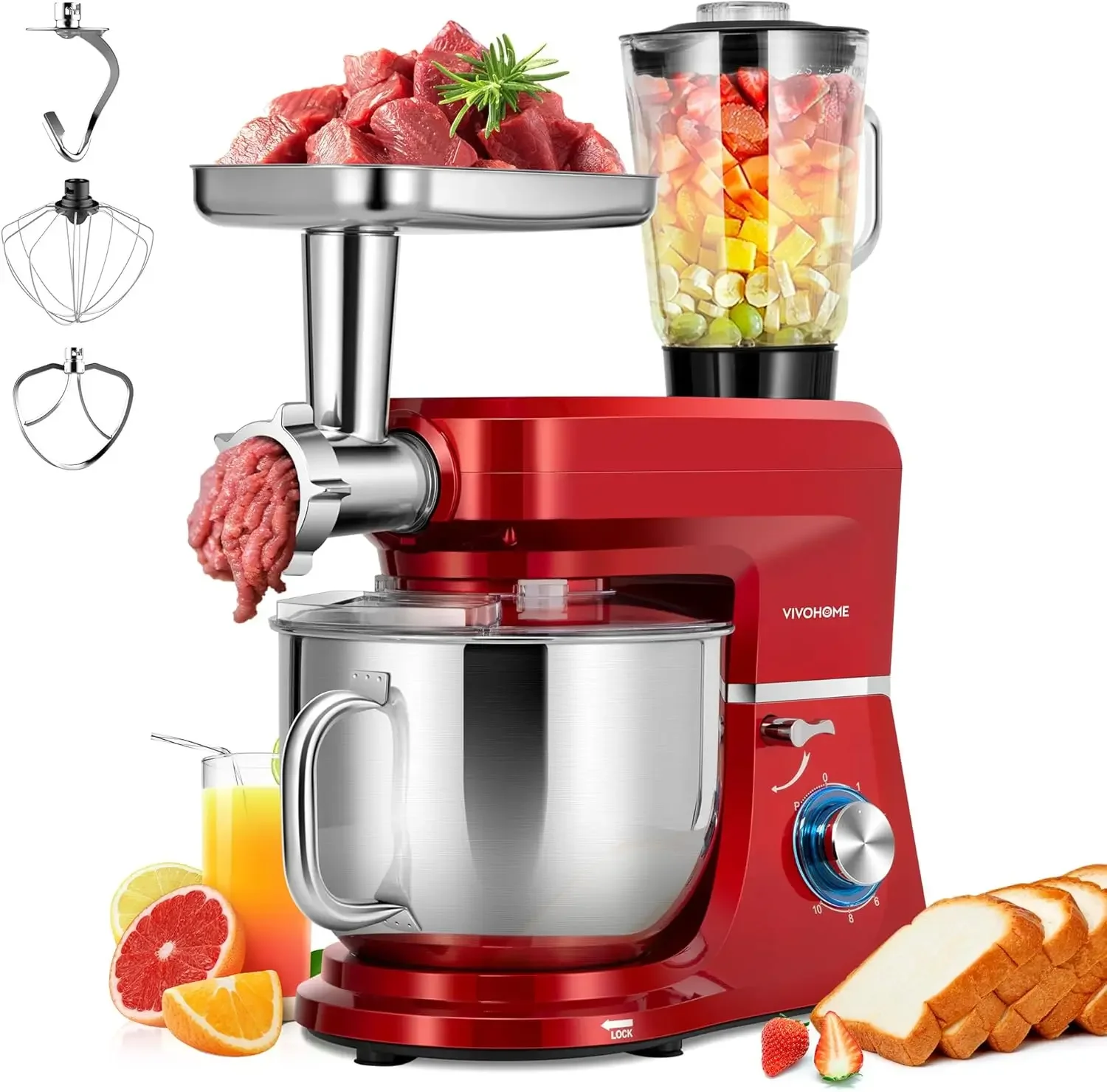 6 in 1 Multifunctional Stand Mixer with 8.5 Quart Stainless Steel Bowl, 660W 10 Speed Tilt-Head Meat Grinder, Juice Blender, Veg