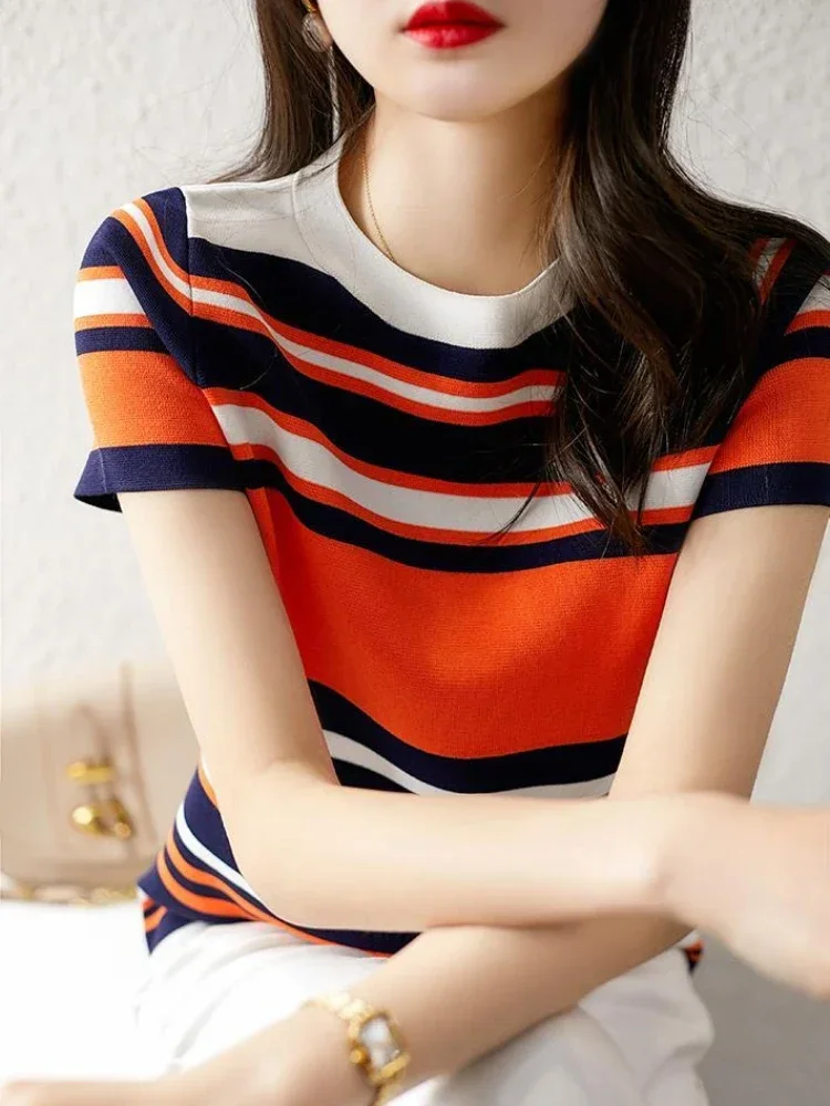 Women\'s Sweater Striped Knit Tops For Woman In Promotion Pullover Cheap And Elegant Classy Offers Trend 2024 Modern Crochet New