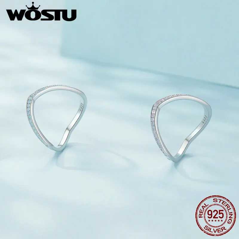 WOSTU Pink Blue Double V Shape Stackable Ring For Women 925 Sterling Silver Simple Opal Drip Oil Rings Smooth Slim Knuckle Rings