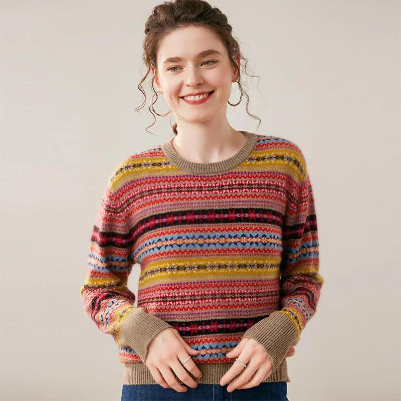 

Autumn Winter Women 100% Cashmere Pullover Sweater O-neck Fair Isle Jacquard Retro Elegant Loose Kint Long Sleeve Tops Comfort