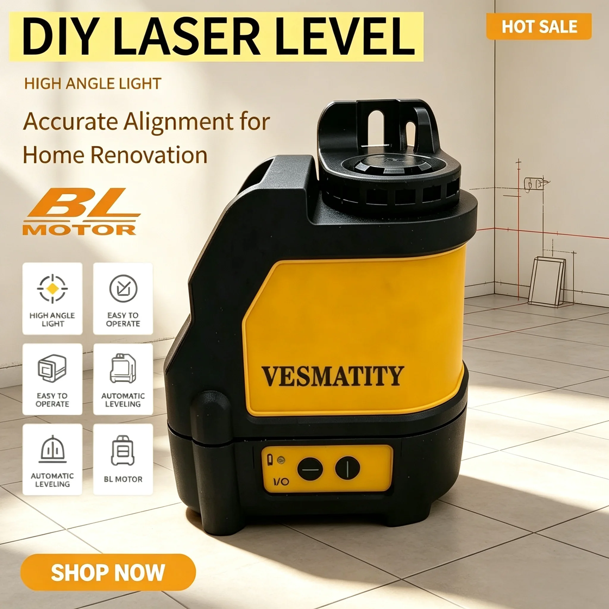 Laser Level Self Leveling High Precision Alignment Vesmatity DW088CG Green Cross Line for Construction Building Layout Portable