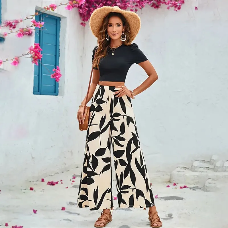 Summer Women's Two-piece Set with Black Leaf Print Casual Wide Leg Pants Short Sleeved Puff Sleeve T-shirt Pants Set 2024 New