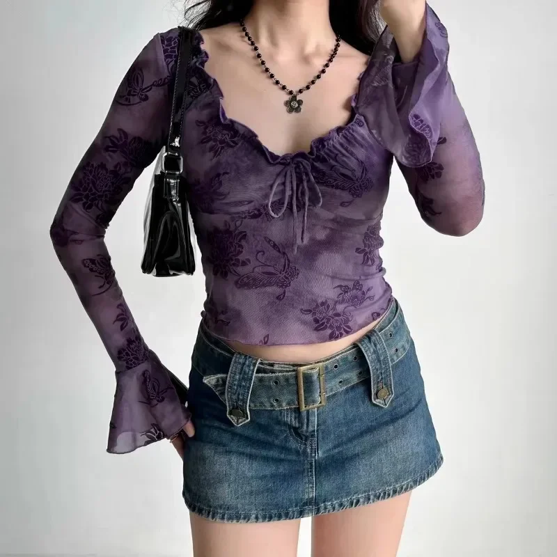 

Women's Sheer Mesh Purple Floral Flare Sleeve Top - Y2K V-Neck Ruched Sexy Crop Tee, Vintage Grunge Fashion for Spring Fall