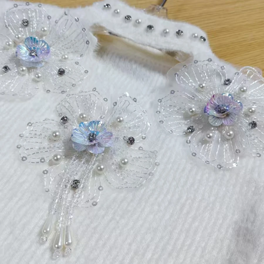 RapBeading-Pull en fourrure de vison avec pompon fleur 3D, coupe couvertes, pulls assortis, col mi-haut, pulls en tricot doux et chaud, nouveau