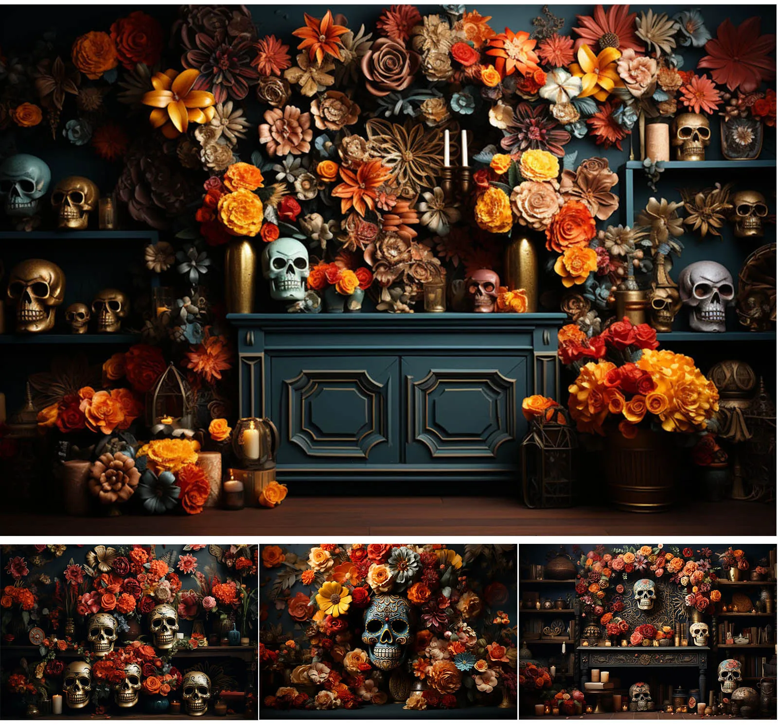 

Day of The Dead Photography Background Color Flowers Skull Mexican Fiesta Party Decor Family Portrait Backdrop Photozone