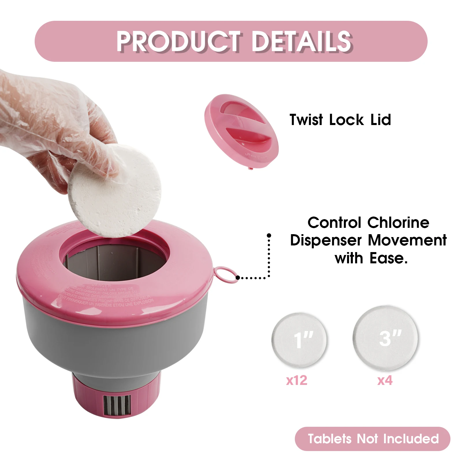 Dispensador químico flotante de cloro y bromo para piscina, flotador de cloro grande para tabletas de 3 ", soporte para cloro