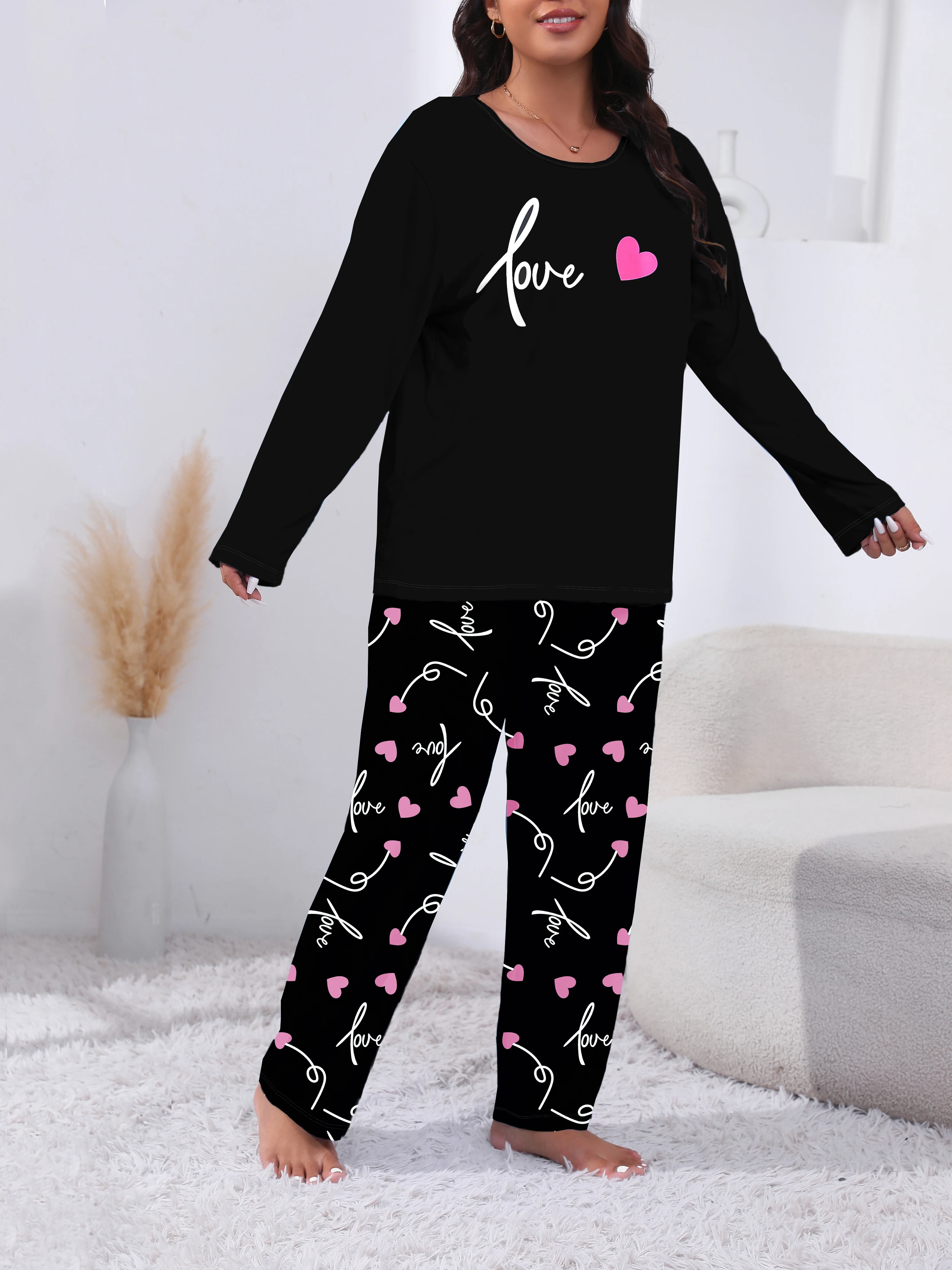 Pyjamas for Women\'s Sleepwear Long Sleeve Shirt with Pants Set &Quality Heart Print Top and Trousers  Autumn Sleepwear