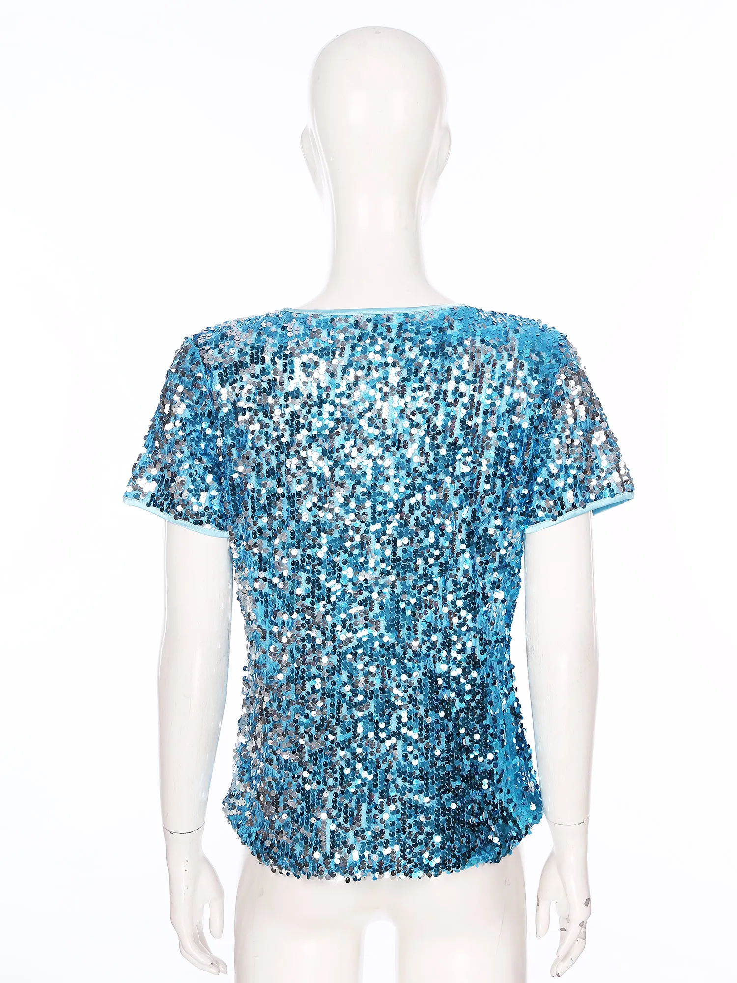 Women Sparkly Sequins Shirts Top Rave Dance Clothes Round Neck Short Sleeve T-Shirts for Cocktail Party Music Festival Nightclub