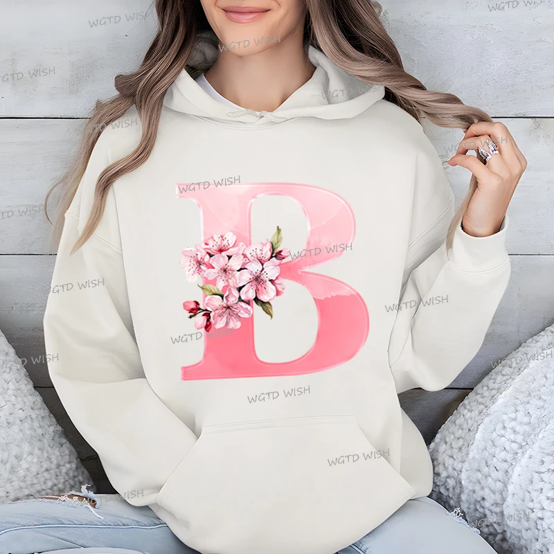 A B C D E English 26 Alphabet Print Hoodies Women Creative Sakura Letter Hooded Female Long Sleeve Harajuku Casual Sweatshirts