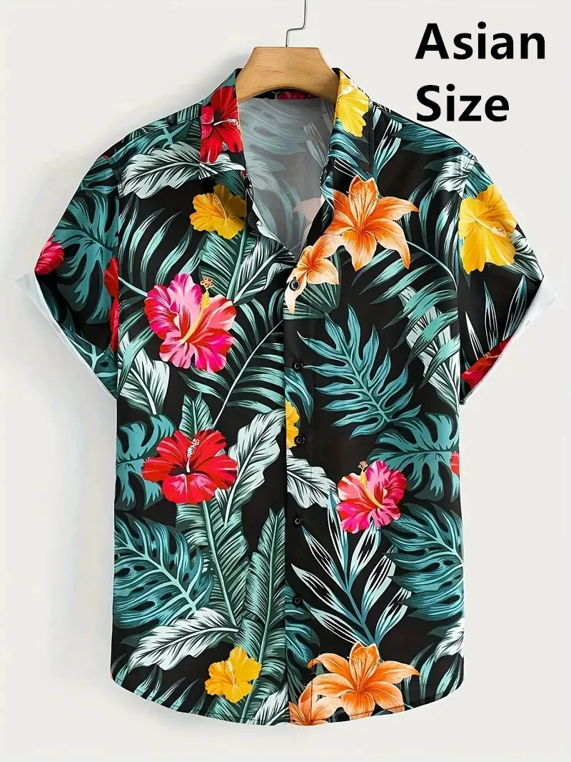 

2025 Hawaiian Man Shirts Fashion Flower Leaf Printed Blouse Single-breasted Beach Short SleeveTops Tees Men's Holiday Clothing