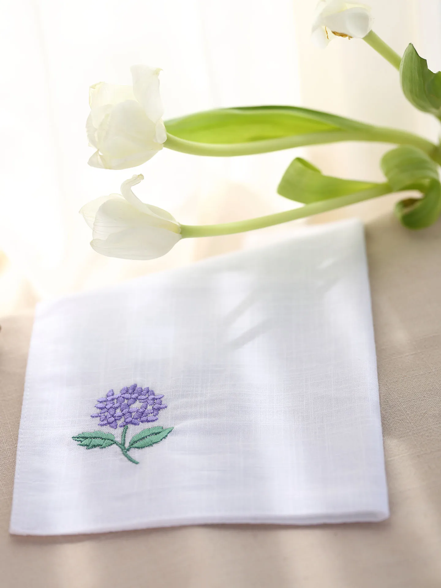 Chinese Auspicious Lucky Hydrangea Embroidered Cotton Square Handkerchief Soft Sweat Absorbent Portable Daily Hanky For Women