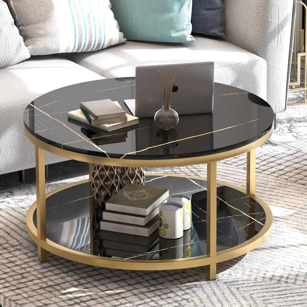 

Round Coffee Table 33.5" Coffee Tables for Living Room High Glossy Faux Balck Marble Top Modern Circle Table Sturdy Gold Metal F