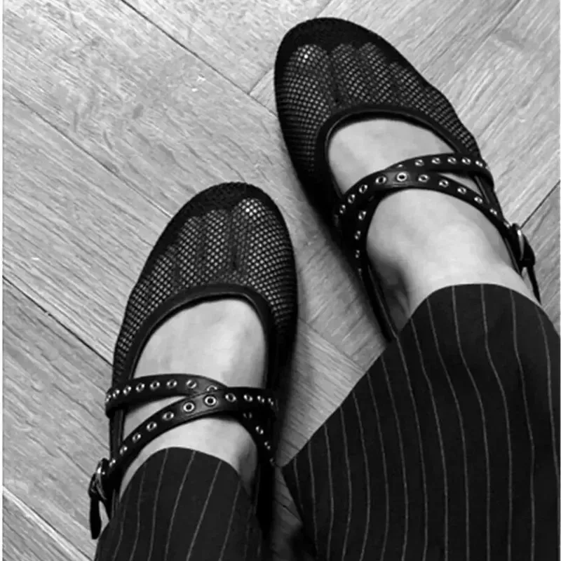 Fashion Mesh Flats Ballet Women Designer Belt Buckle Beach Shoes Hollow Soft Sole Light Casual Sandals Ladies Mary Jane Shoes