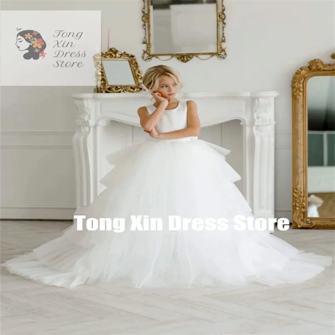 

Индивидуальные белые тюлевые многоярусные платья с цветочным узором для девочек с бантом без рукавов для дня рождения, банкета, платья для первого причастия