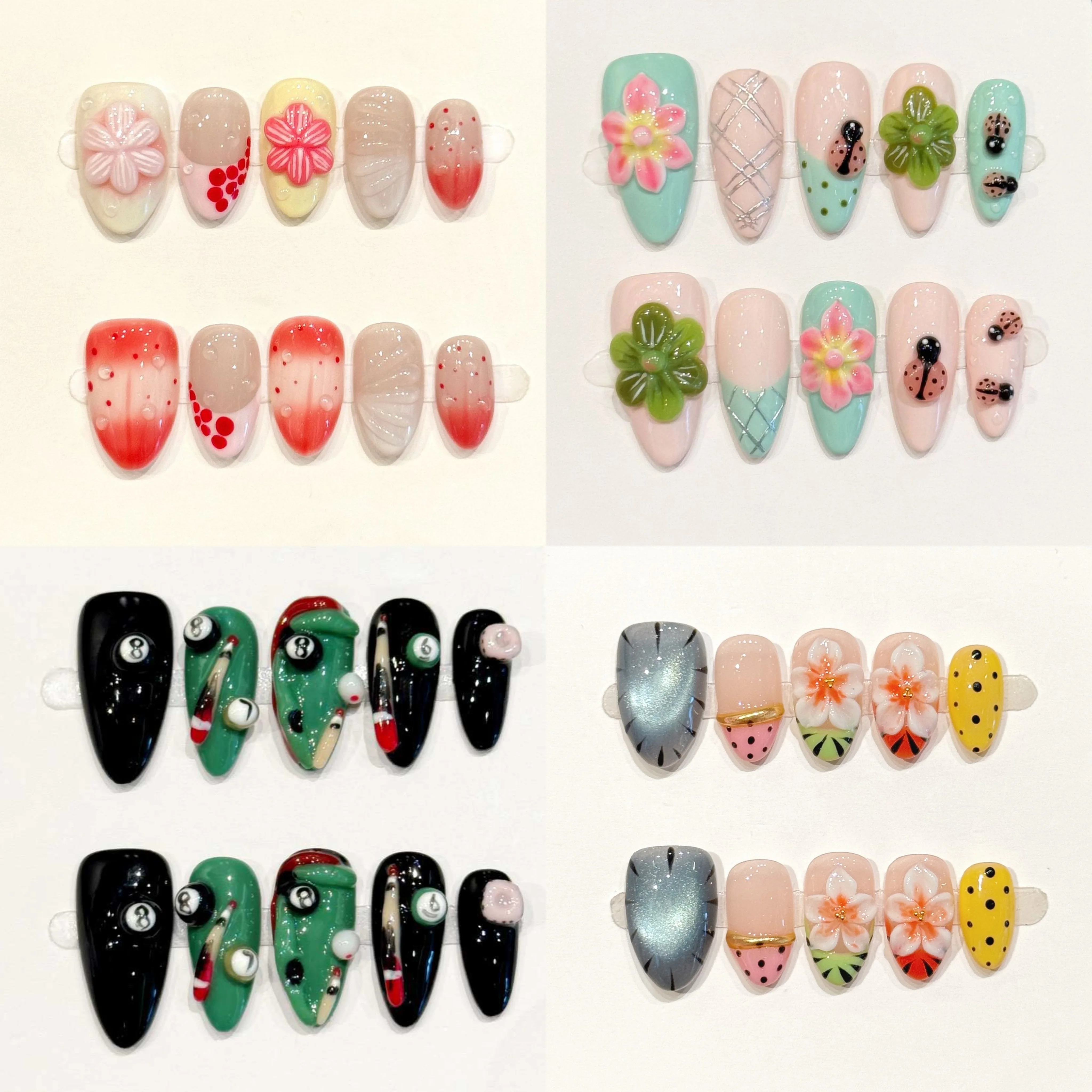 10Pcs Pure Hand-Pressed Almond Nail Art, Pretty Fresh Blue, Pink And Green With Florals And Billiard Elements, Perfect For Women