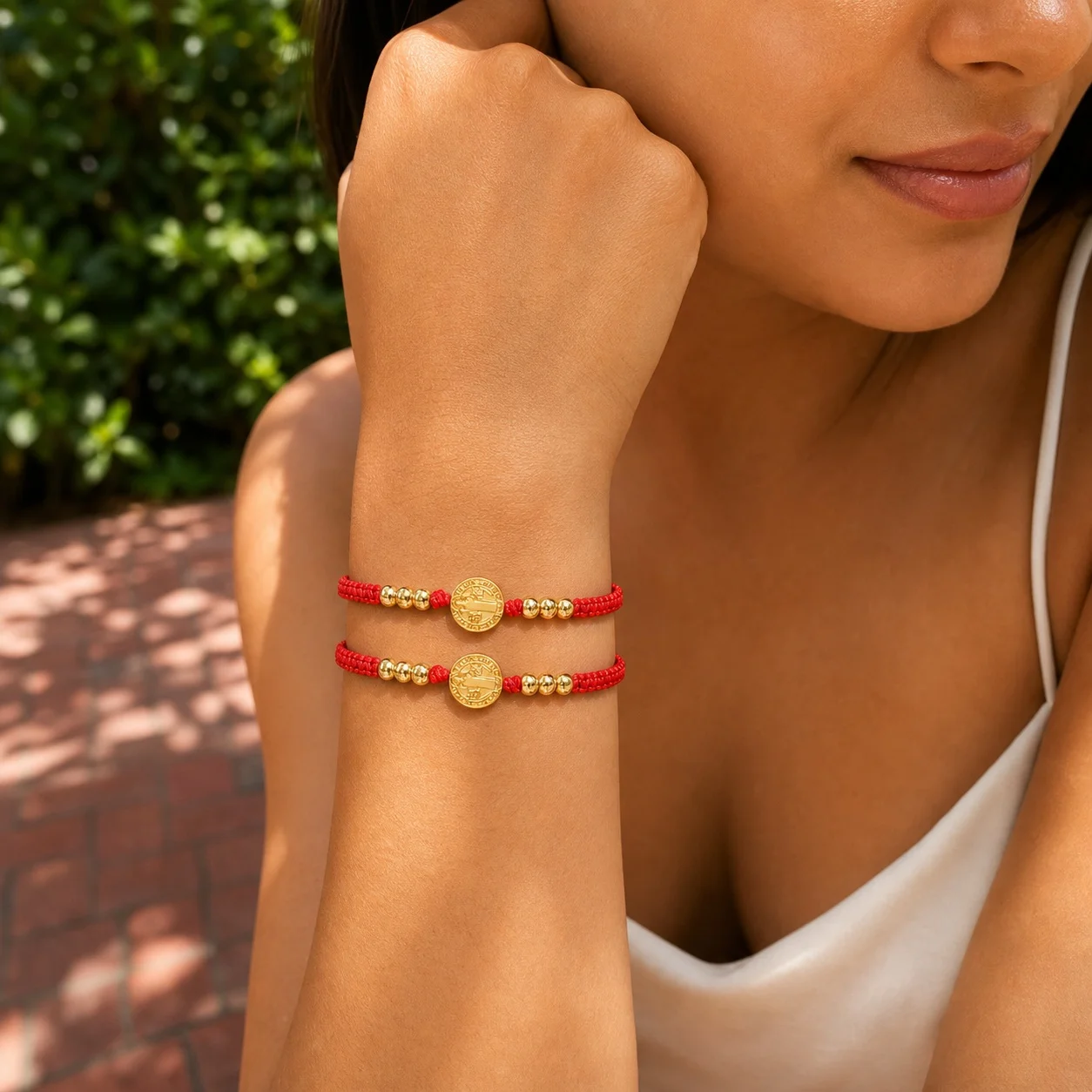 2pcs Adjustable Red Cord Beaded Bracelet with Gold Color Cross Medal, Copper Catholic Style Tie Bracelet for Women Men