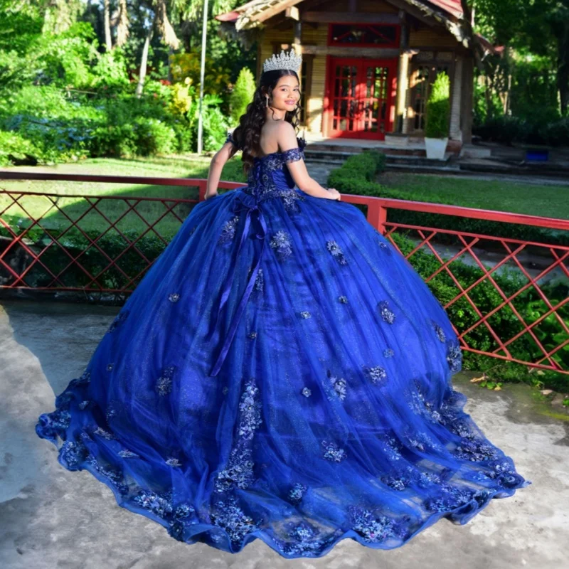 فستان Quinceanera أزرق داكن لامع بدون أكتاف ترتر ثلاثي الأبعاد مزين بالزهور طبقات تول فيستدوس دي 15 Quinceanera تخصيص #4