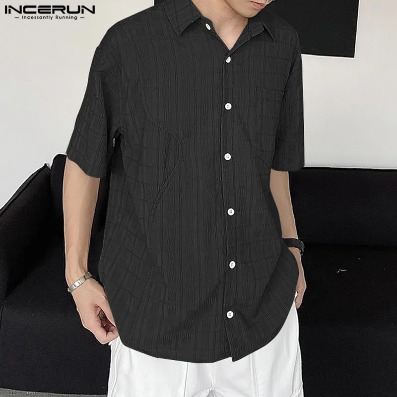 

INCERUN Tops 2024 Korean Style Men's Texture Deconstruction Design Shirt Casual Streetwear Male Solid Short Sleeved Blouse S-5XL